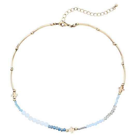 Emmanuel Collection - Cross Pendant 18"L Necklace with Blue Glass Beads | oak7west.com