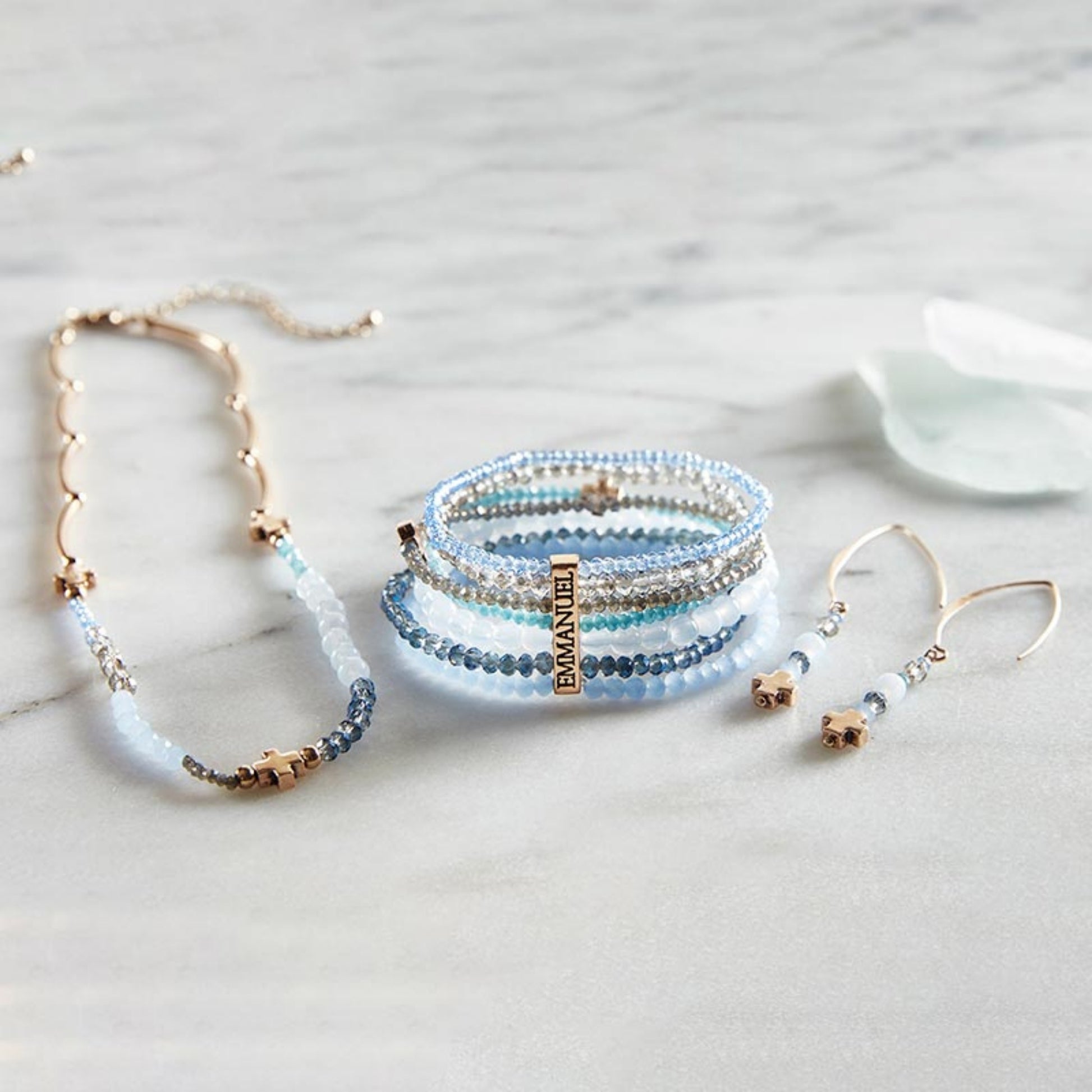 Emmanuel Collection - Dangle Cross Earring Set with Blue Glass Beads shown with matching EMMANUEL 7 strand beaded bracelet and Blue glass bead necklace | oak7west.com