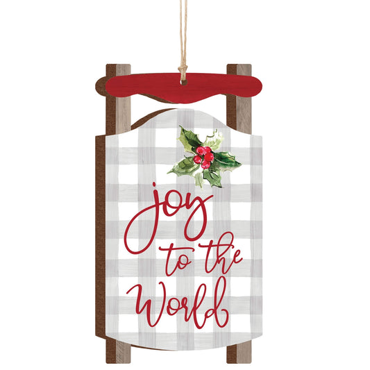 Decorative sign Christmas ornament with 'joy to the world' text and holly design on a white background | oak7west.com