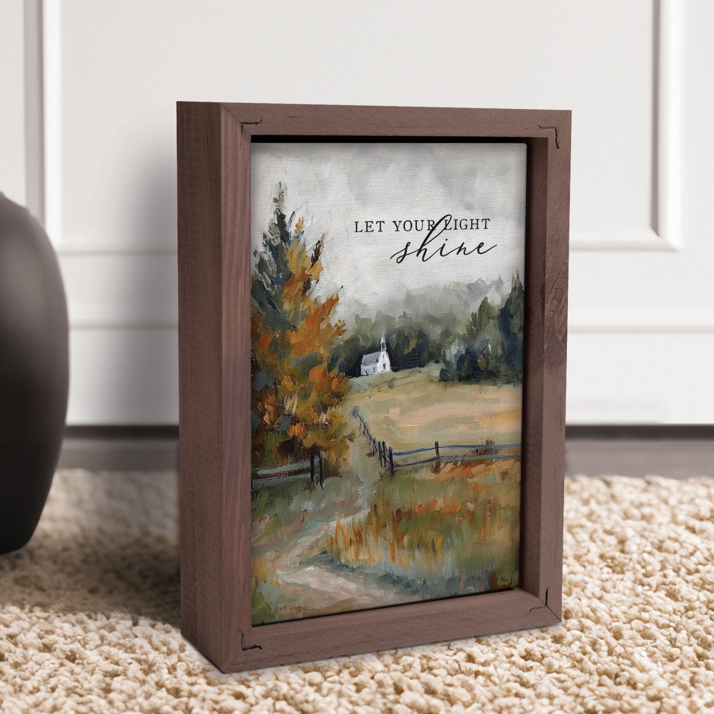 LET YOUR LIGHT shine - Old Country Church Small Framed Art shown on carpet near vase | oak7west.com
