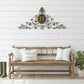 Leaf and Fleur de Lis Iron Monogram Wall Grille - Monogrammed Wall Decor (46.5"W) shown on rustic wall over wood bench | oak7west.com