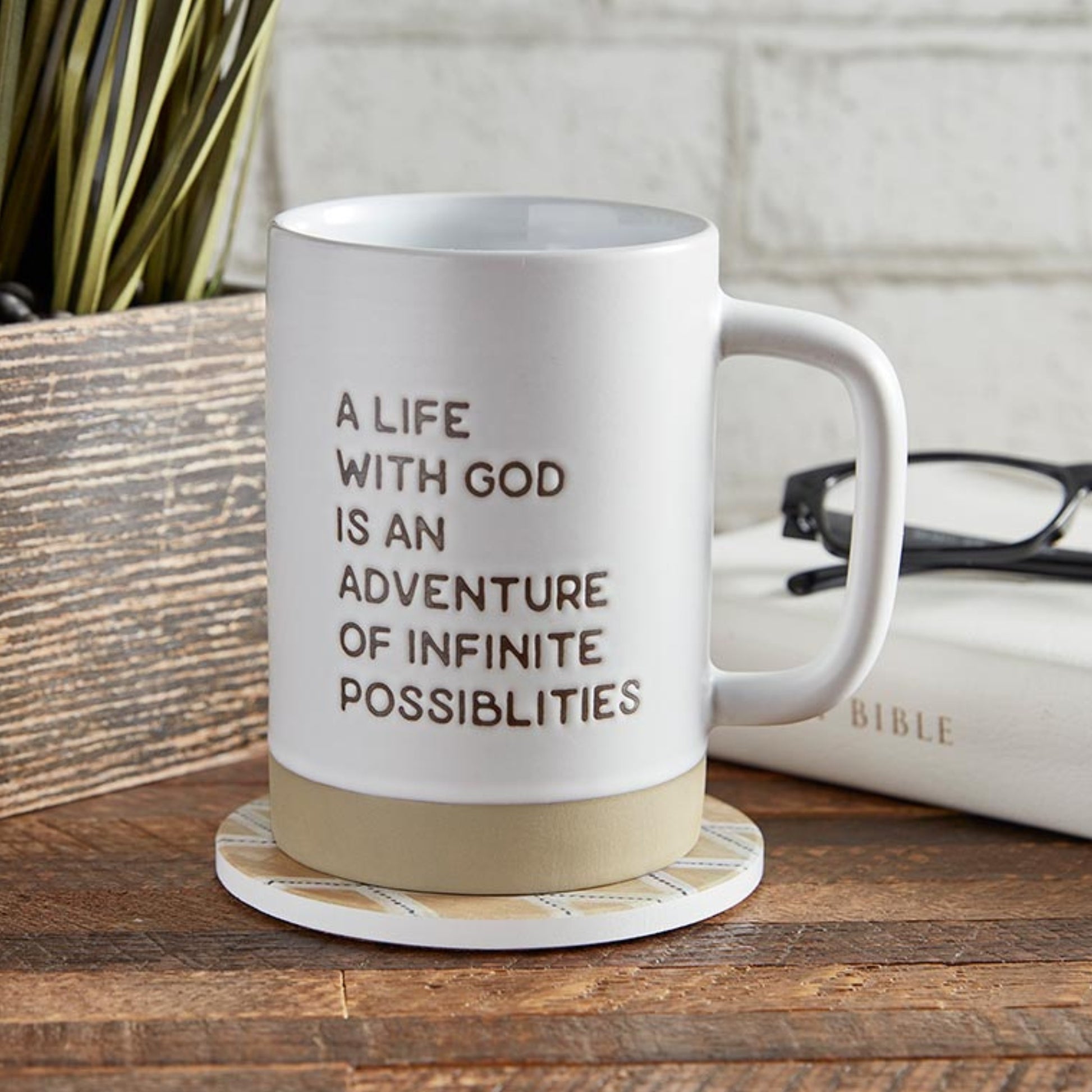 Inspirational Stoneware Coffee Mug - A life with God is an adventure of infinite possibilities shown with Bible | oak7west.com