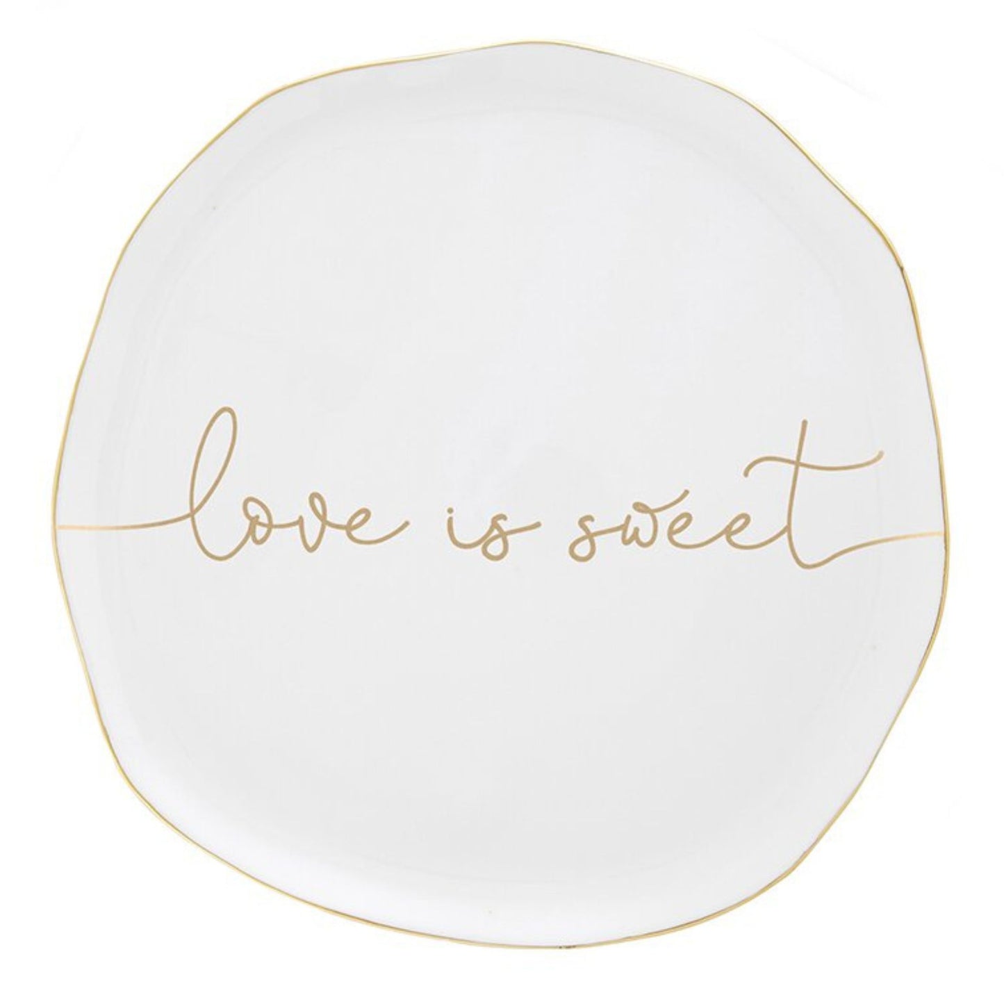 Love is Sweet top view - White Ceramic Cake Stand - Special Occasion Serveware for Wedding, Anniversary, or Bridal Shower | Ceramic dish with gilded details reads... love is sweet | oak7west.com