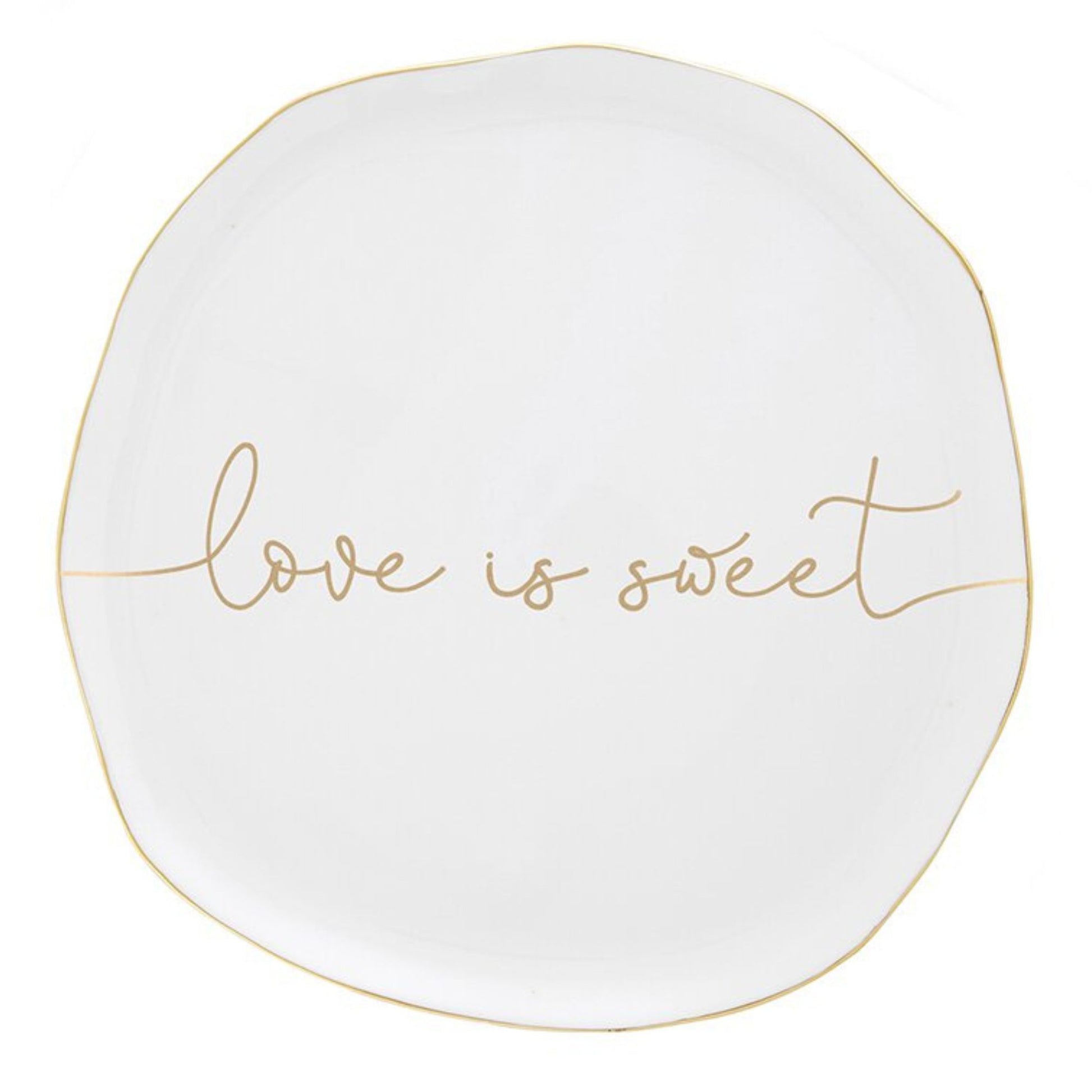 Love is Sweet top view - White Ceramic Cake Stand - Special Occasion Serveware for Wedding, Anniversary, or Bridal Shower | Ceramic dish with gilded details reads... love is sweet | oak7west.com