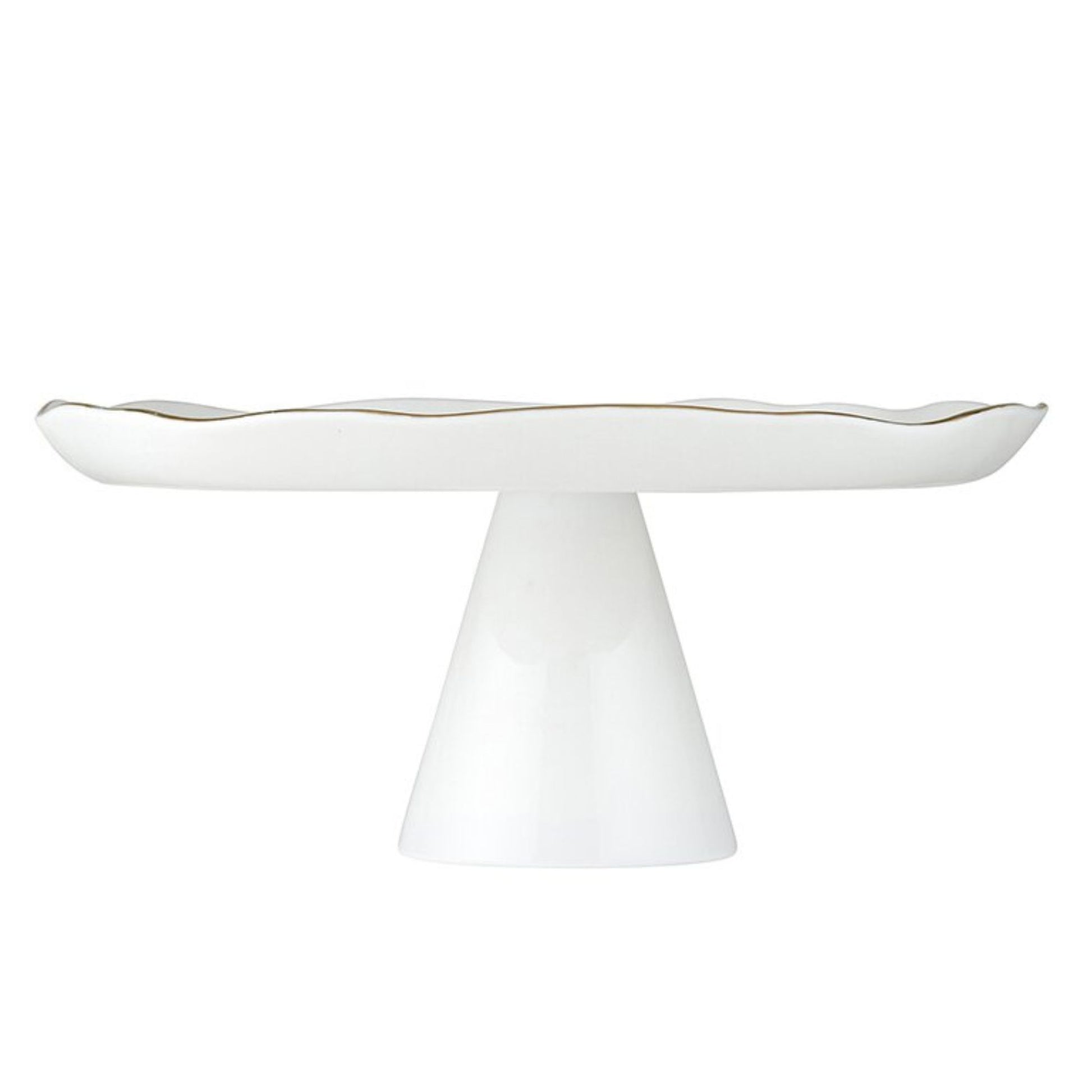 Love is Sweet side view - White Ceramic Cake Stand - Special Occasion Serveware for Wedding, Anniversary, or Bridal Shower | Ceramic dish with scalloped edge and gilded details reads... love is sweet | oak7west.com