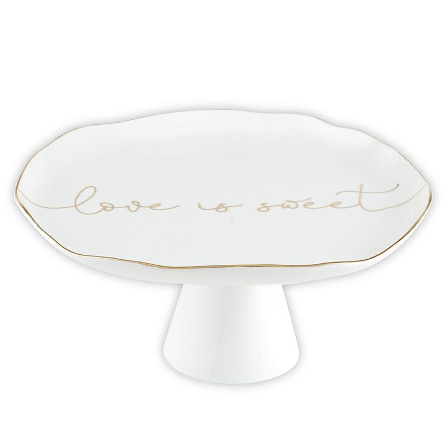 Love is Sweet - White Ceramic Cake Stand - Special Occasion Serveware for Wedding, Anniversary, or Bridal Shower | Ceramic dish with scalloped edge and gilded details reads... love is sweet | oak7west.com