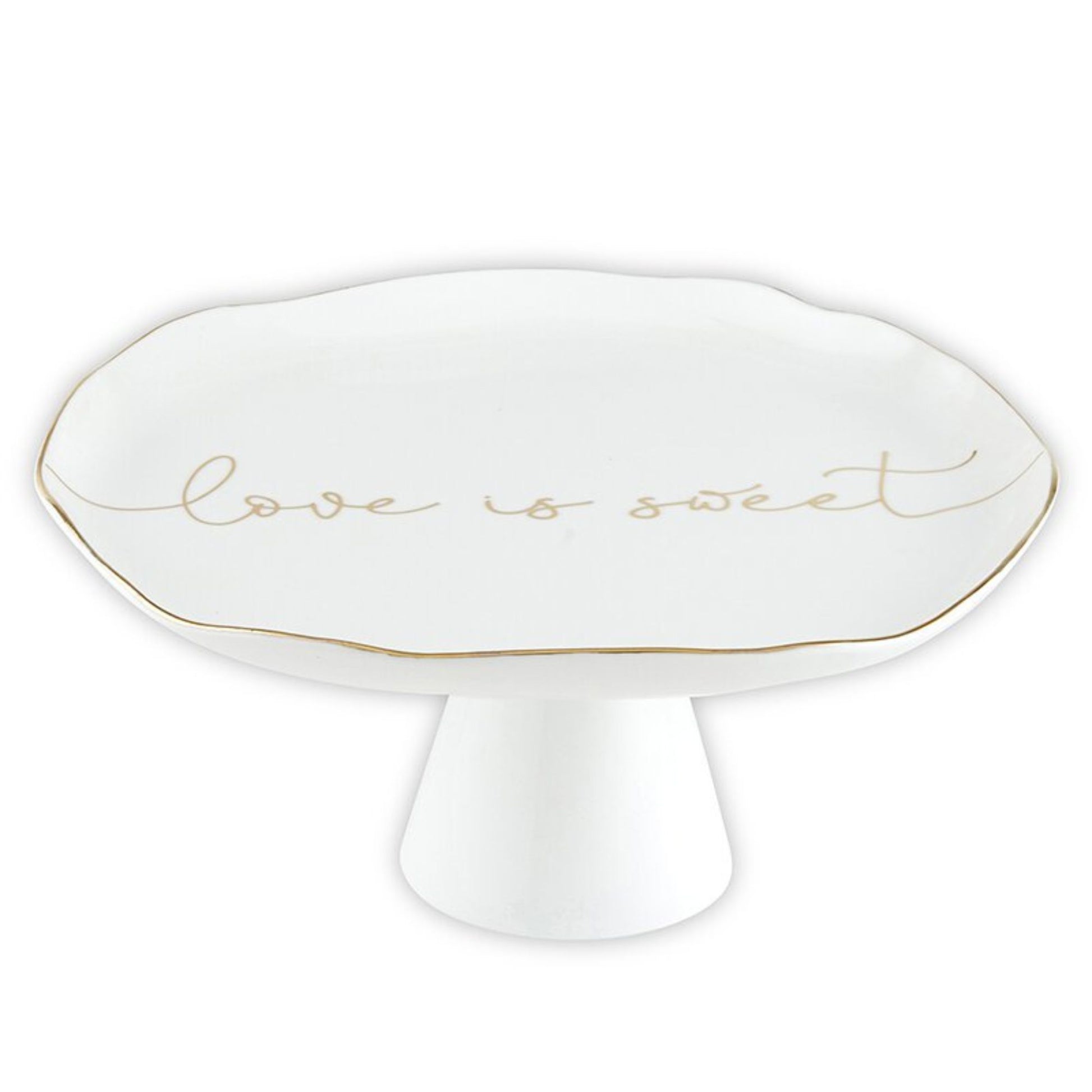 Love is Sweet - White Ceramic Cake Stand - Special Occasion Serveware for Wedding, Anniversary, or Bridal Shower | Ceramic dish with scalloped edge and gilded details reads... love is sweet | oak7west.com