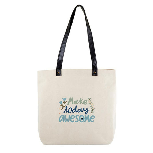 Canvas Tote Bag with Inside Zippered Pocket and Black Vegan Leather Straps - Make Today Awesome | oak7west.com