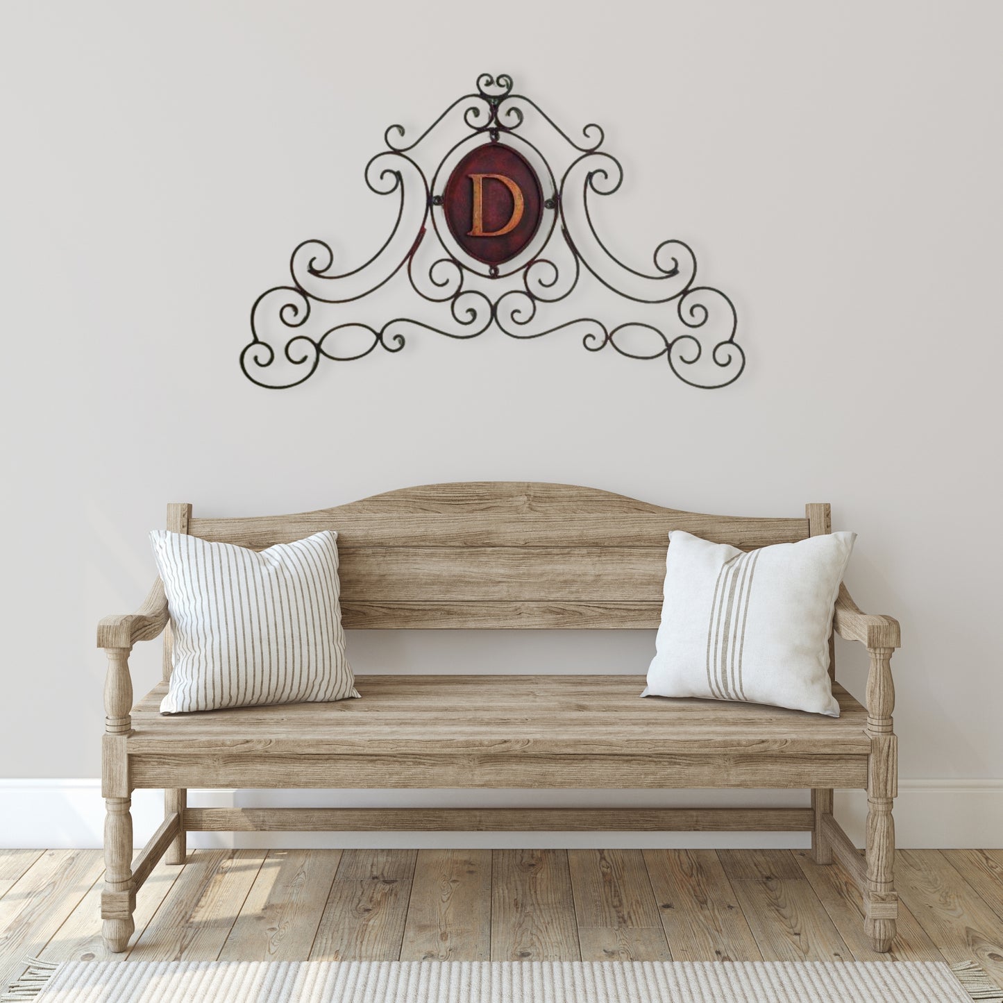 Monogram Iron Scroll Wall Grille - Monogrammed Metal Wall Decor (42"W) shown on neutral wall above wood bench | oak7west.com