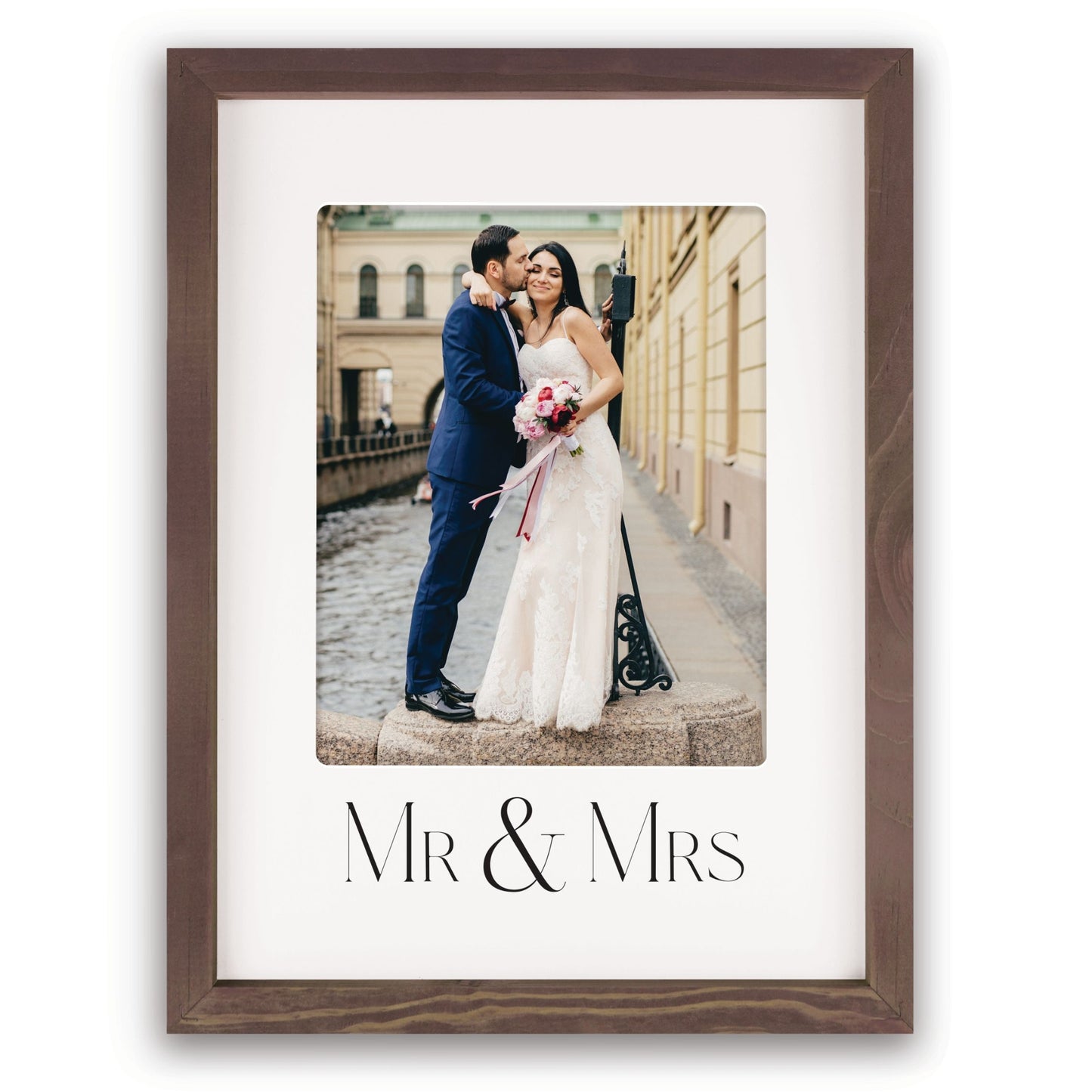 Framed photograph of a bride and groom with 'Mr & Mrs' text | Mr & Mrs Photo Frame - Wedding gift - Rustic Wood Frame | oak7west.com