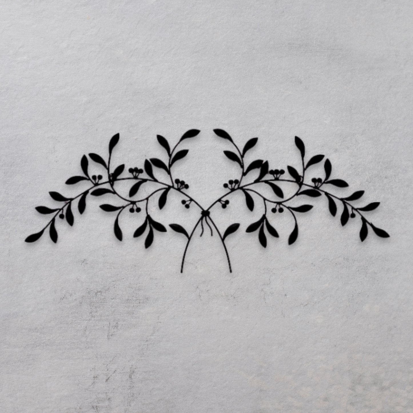 Black Olive Leaf Iron Wall Grille - Olive Branch Metal Wall Decor (42.5"W) on a grey textured wall | oak7west.com