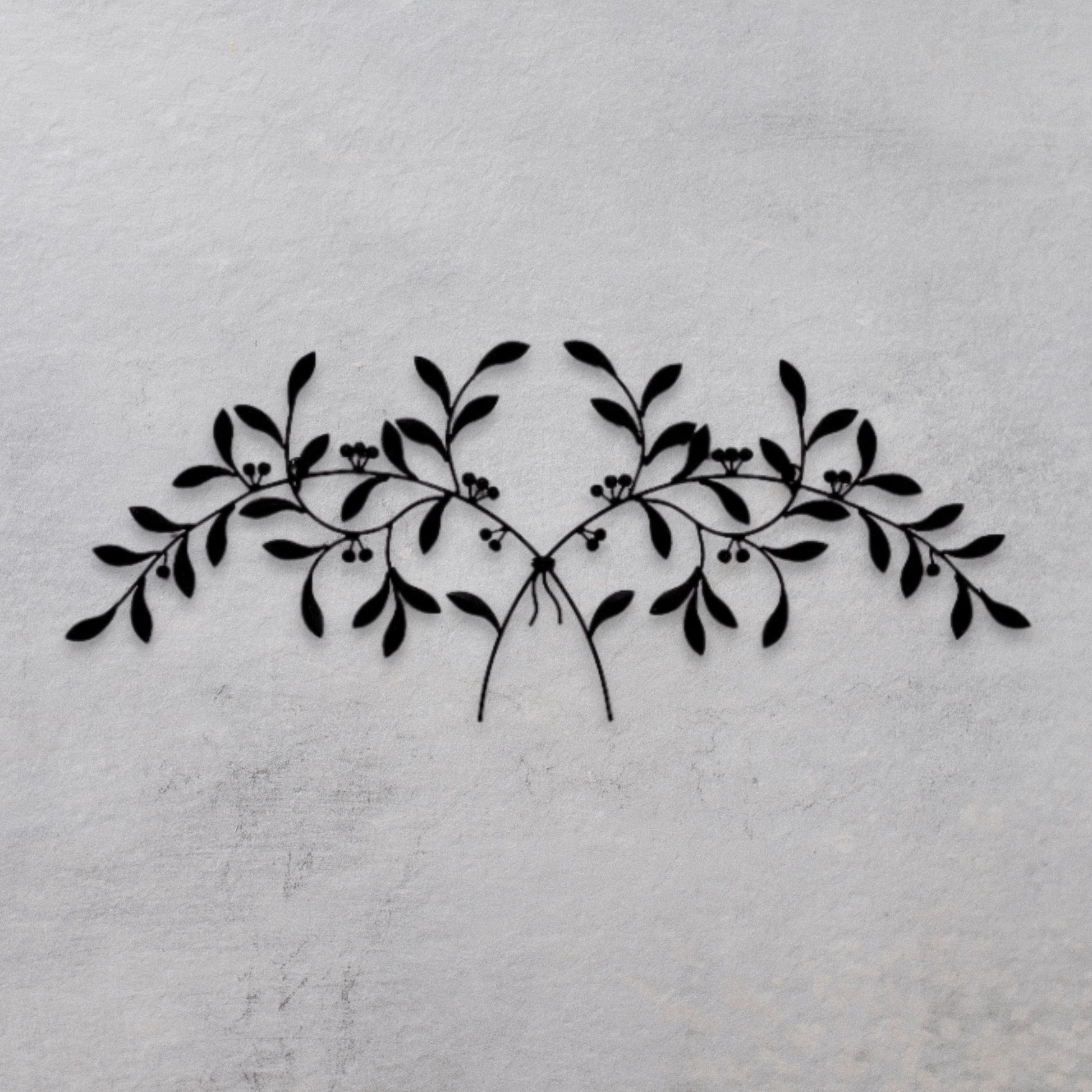 Black Olive Leaf Iron Wall Grille - Olive Branch Metal Wall Decor (42.5"W) on a grey textured wall | oak7west.com
