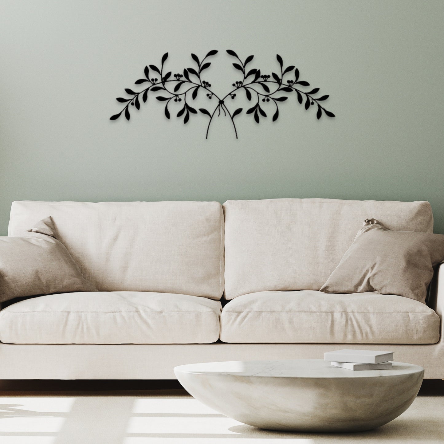Black Olive Leaf Iron Wall Grille - Olive Branch Metal Wall Decor (42.5"W) on a green sage wall above a beige sofa | oak7west.com