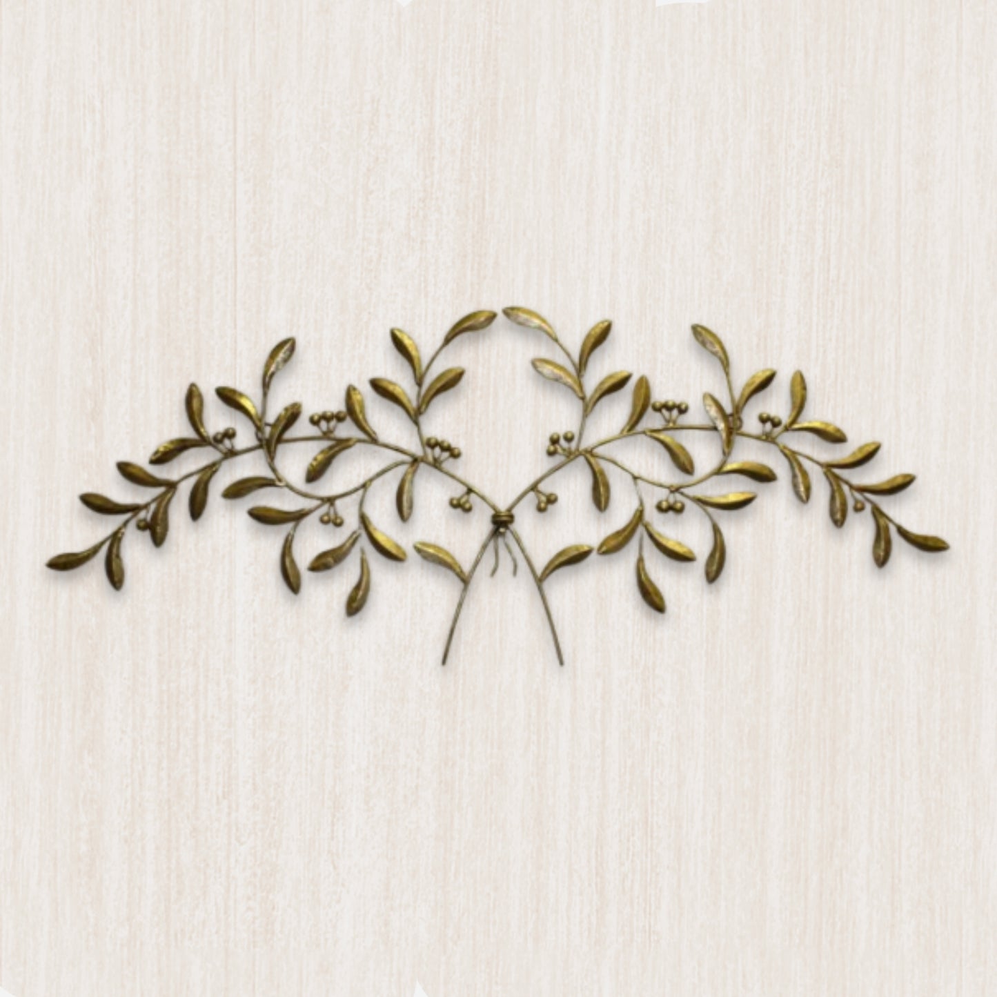 Italian Gold Olive Leaf Iron Wall Grille - Olive Branch Metal Wall Decor (42.5"W) on textured beige wall | oak7west.com