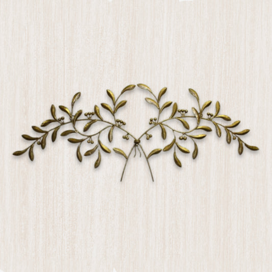 Italian Gold Olive Leaf Iron Wall Grille - Olive Branch Metal Wall Decor (42.5"W) on textured beige wall | oak7west.com