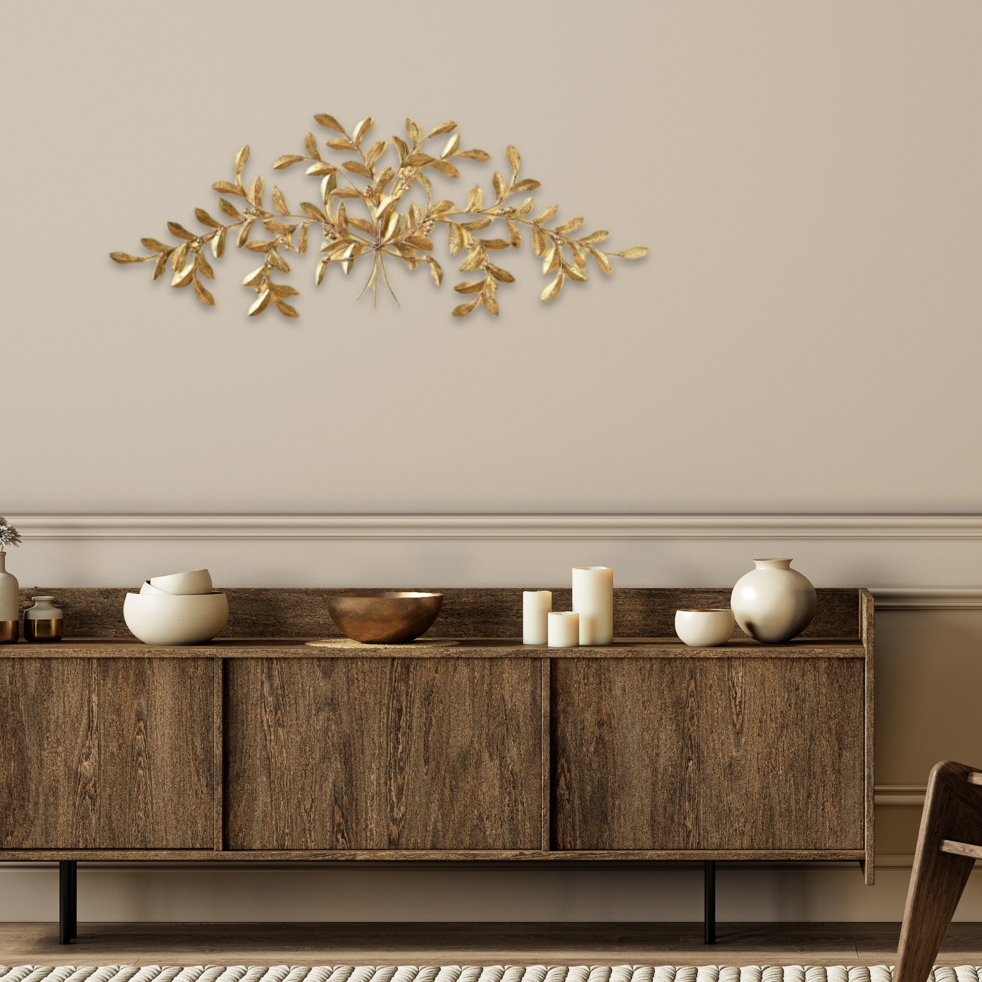 Olive Leaf Iron Wall Grille - Large Italian Gold Iron & Tole Wall Decor shown on beige wall over cabinet (48"W) | oak7west.com