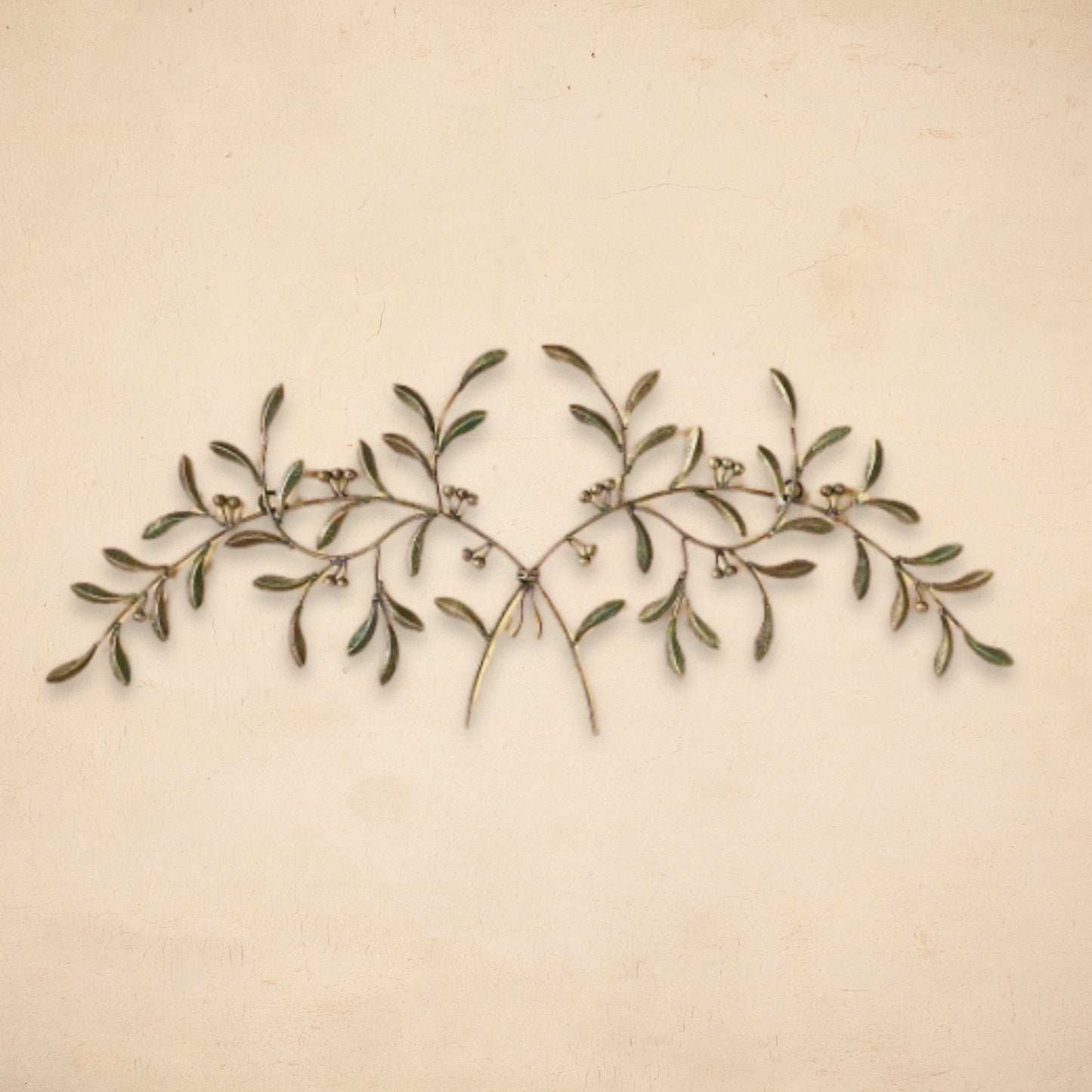 Red, Green, Gold Olive Leaf Iron Wall Grille - Olive Branch Metal Wall Decor (42.5"W) on beige wall | oak7west.com