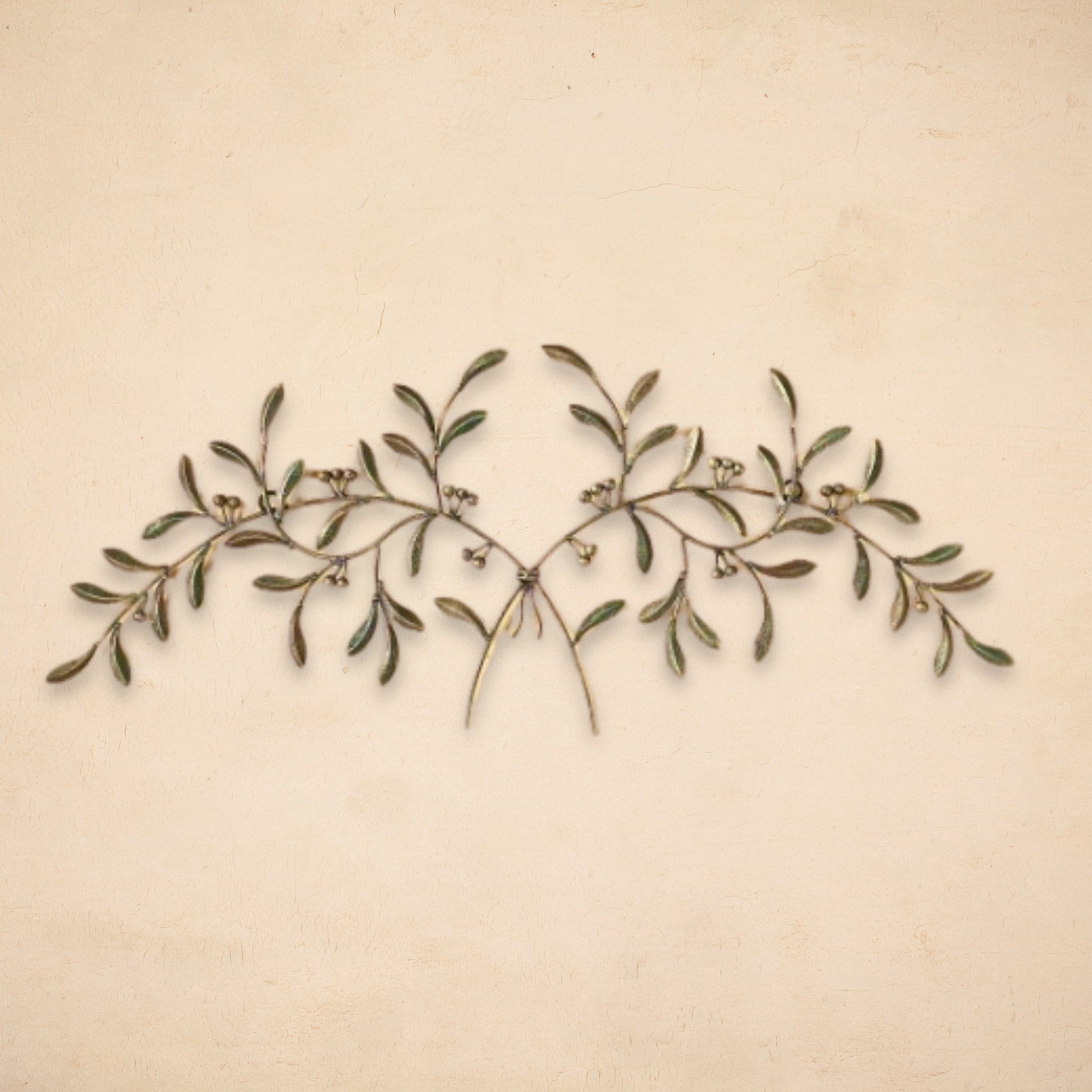 Red, Green, Gold Olive Leaf Iron Wall Grille - Olive Branch Metal Wall Decor (42.5"W) on beige wall | oak7west.com