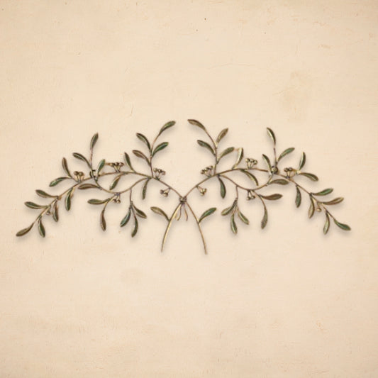 Red, Green, Gold Olive Leaf Iron Wall Grille - Olive Branch Metal Wall Decor (42.5"W) on beige wall | oak7west.com