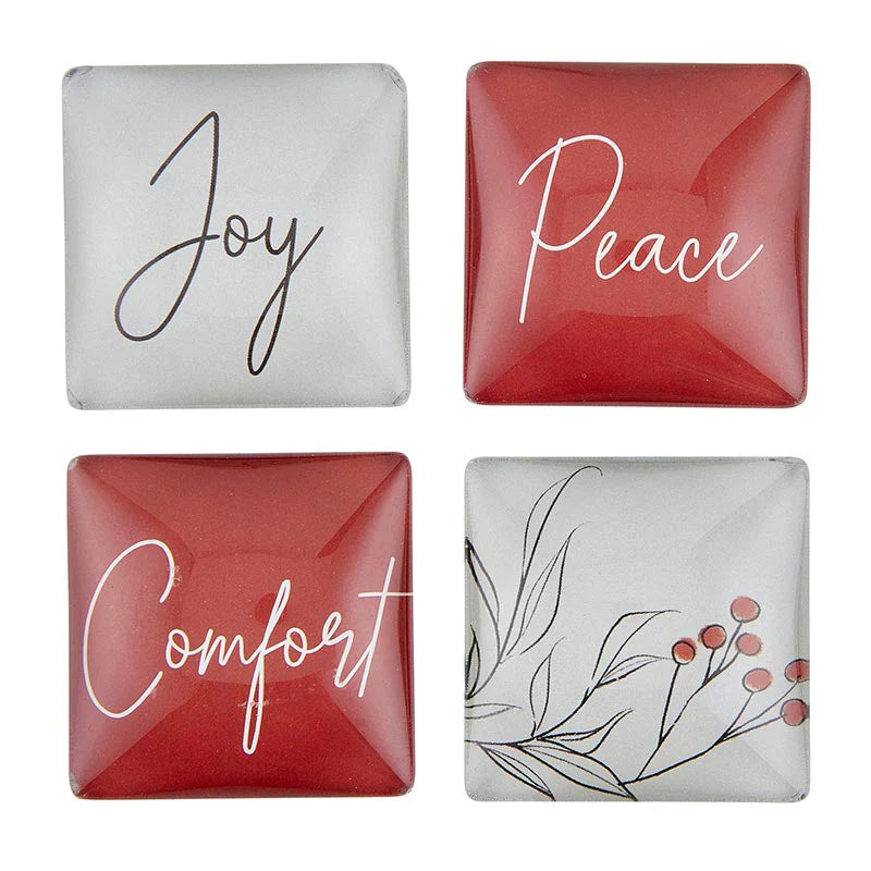 Joy, Peace, and Comfort Glass Christmas Magnets - Set of 4 - White and Red | oak7west.com 