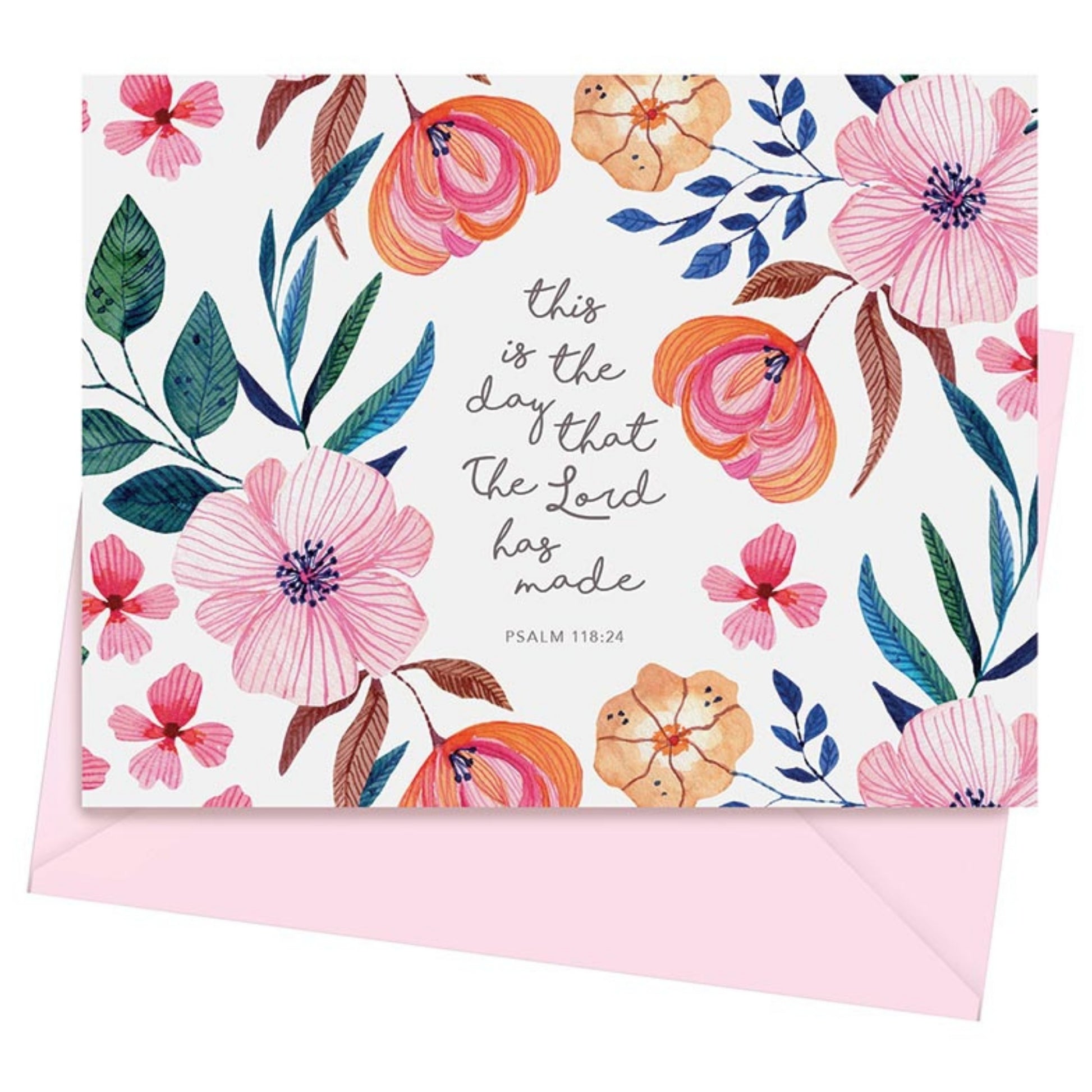 Floral Card and Pink Envelope shown from Inspirational Boxed Card Set - This is the day that the Lord has made - Psalms 118:24 (12 cards & envelopes) | oak7west.com