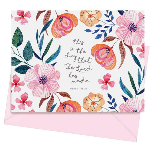 Floral Card and Pink Envelope shown from Inspirational Boxed Card Set - This is the day that the Lord has made - Psalms 118:24 (12 cards & envelopes) | oak7west.com