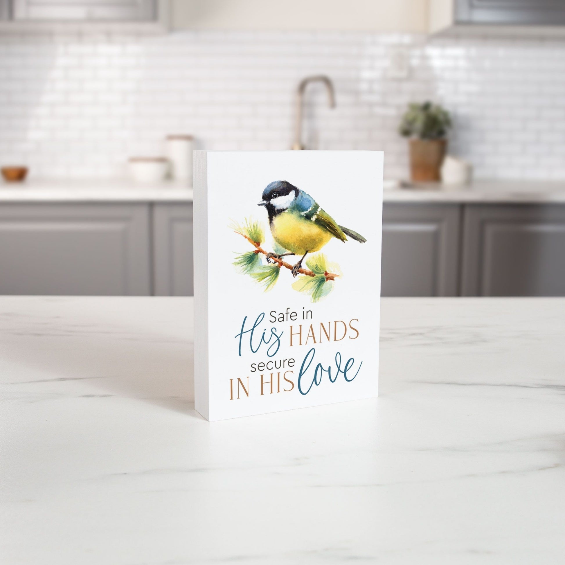 Safe in His Hands, Secure in His Love - Inspirational Wood Block with Bird Artwork on kitchen counter | oak7west.com
