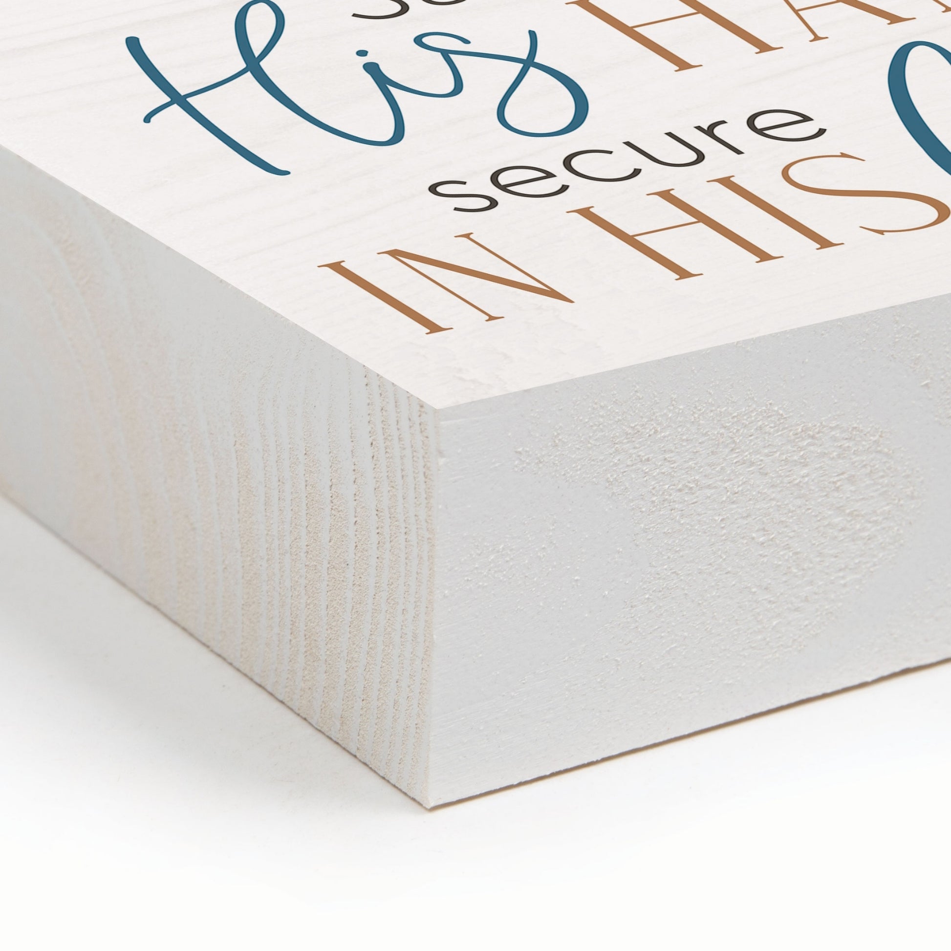 Side Edge of Safe in His Hands, Secure in His Love - Inspirational Wood Block with Bird Artwork | oak7west.com