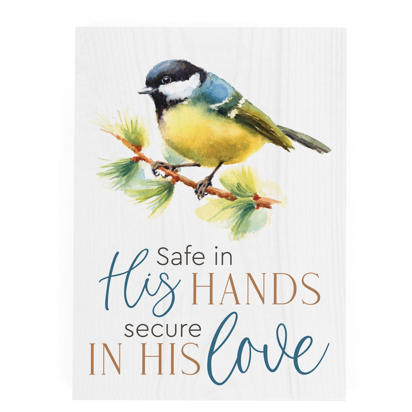 Safe in His Hands, Secure in His Love - Inspirational Wood Block with Bird Artwork | oak7west.com