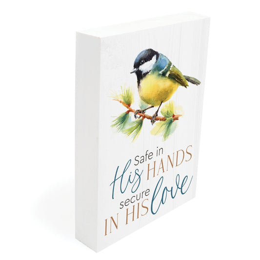 Side view of Safe in His Hands, Secure in His Love - Inspirational Wood Block with Bird Artwork | oak7west.com
