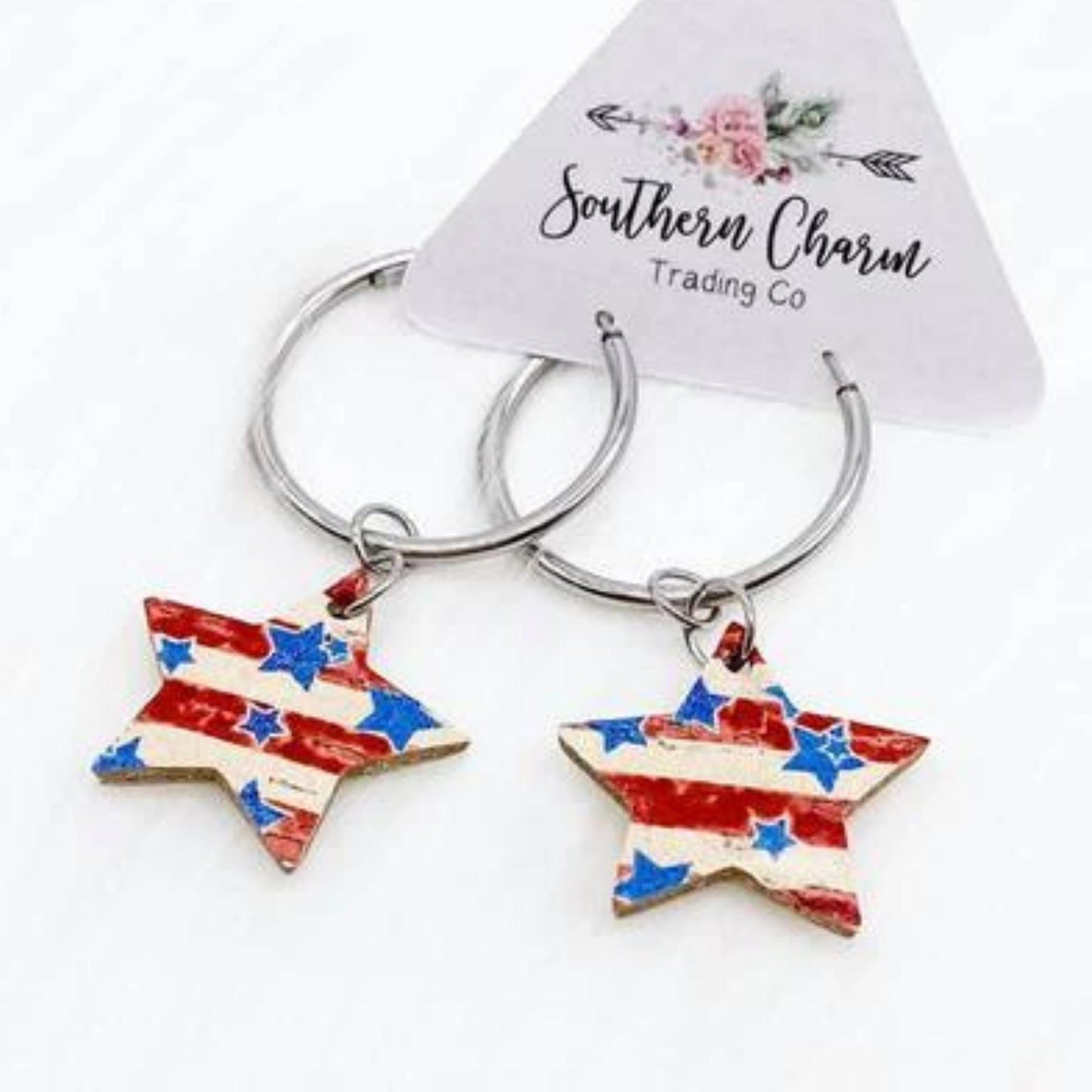 Vintage Style Stars and Stripes Leather & Stainless Steel Hoop Earrings - Made in the USA | oak7west.com