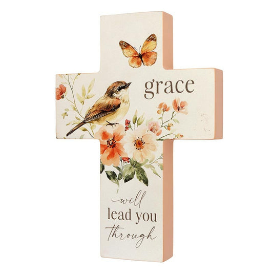 Table Cross Wood Block - Bird & Floral Art - grace will lead you through | oak7west.com