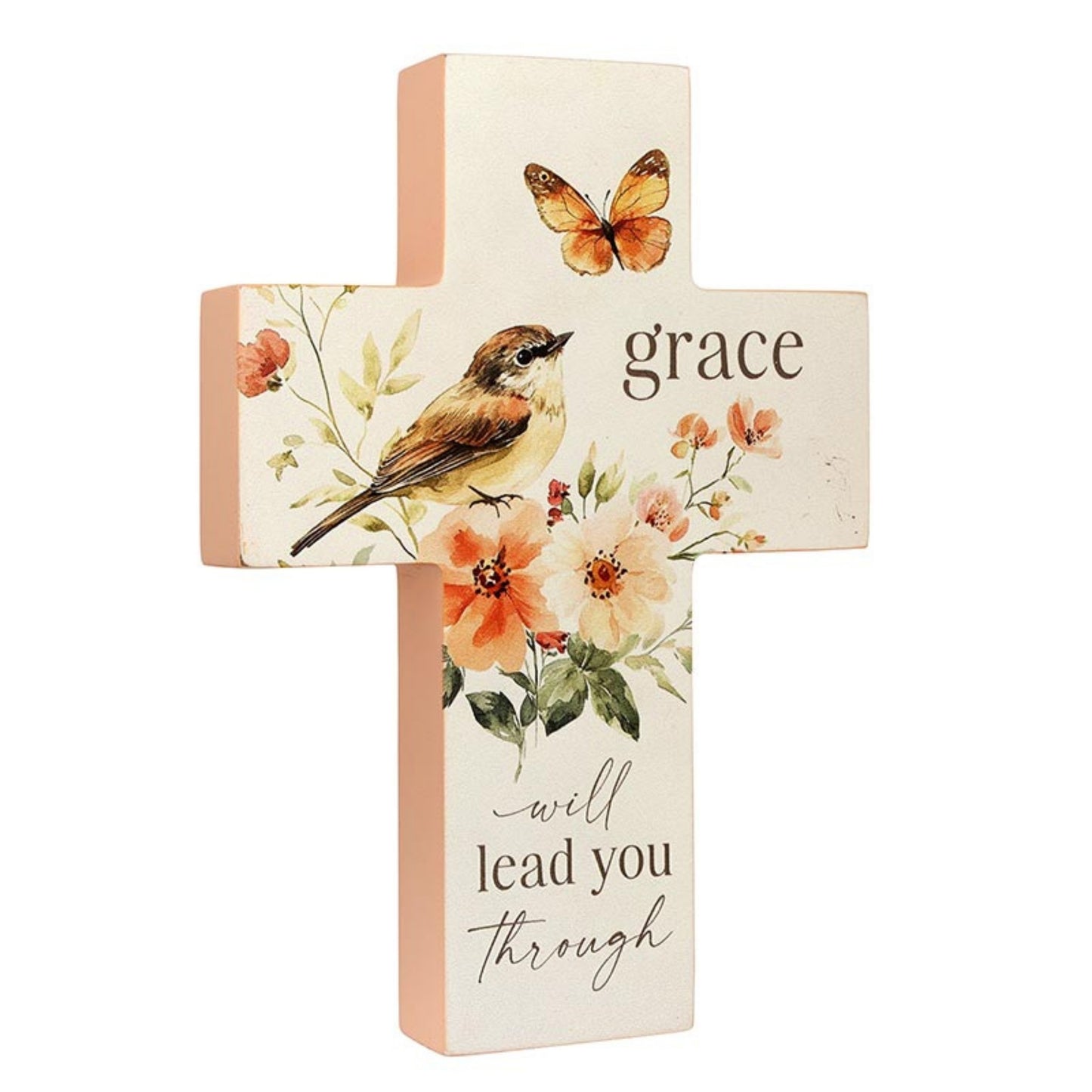 Table Cross Wood Block - Bird, Flowers, Butterfly Art - grace will lead you through - Spring Easter Decor | oak7west.com