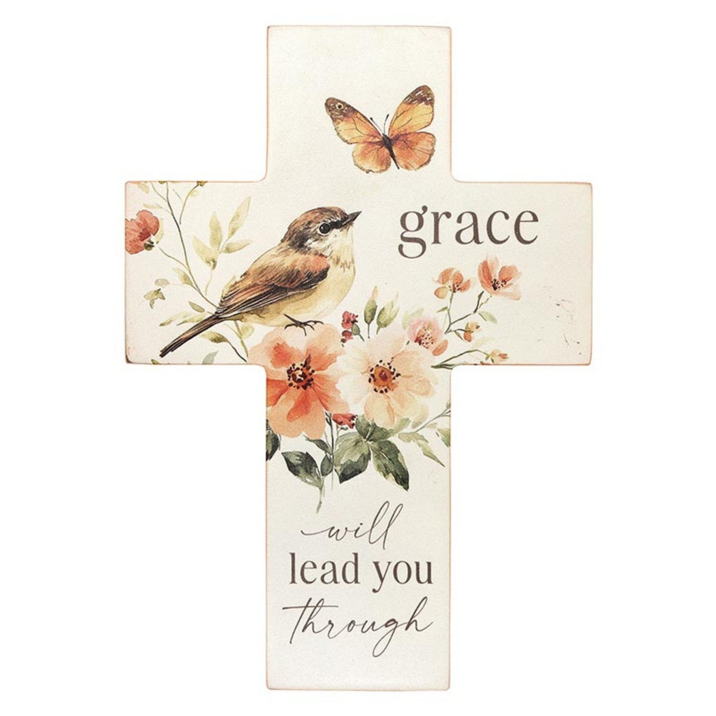 Decorative cross with bird, flowers, and butterfly on a white background | oak7west.com