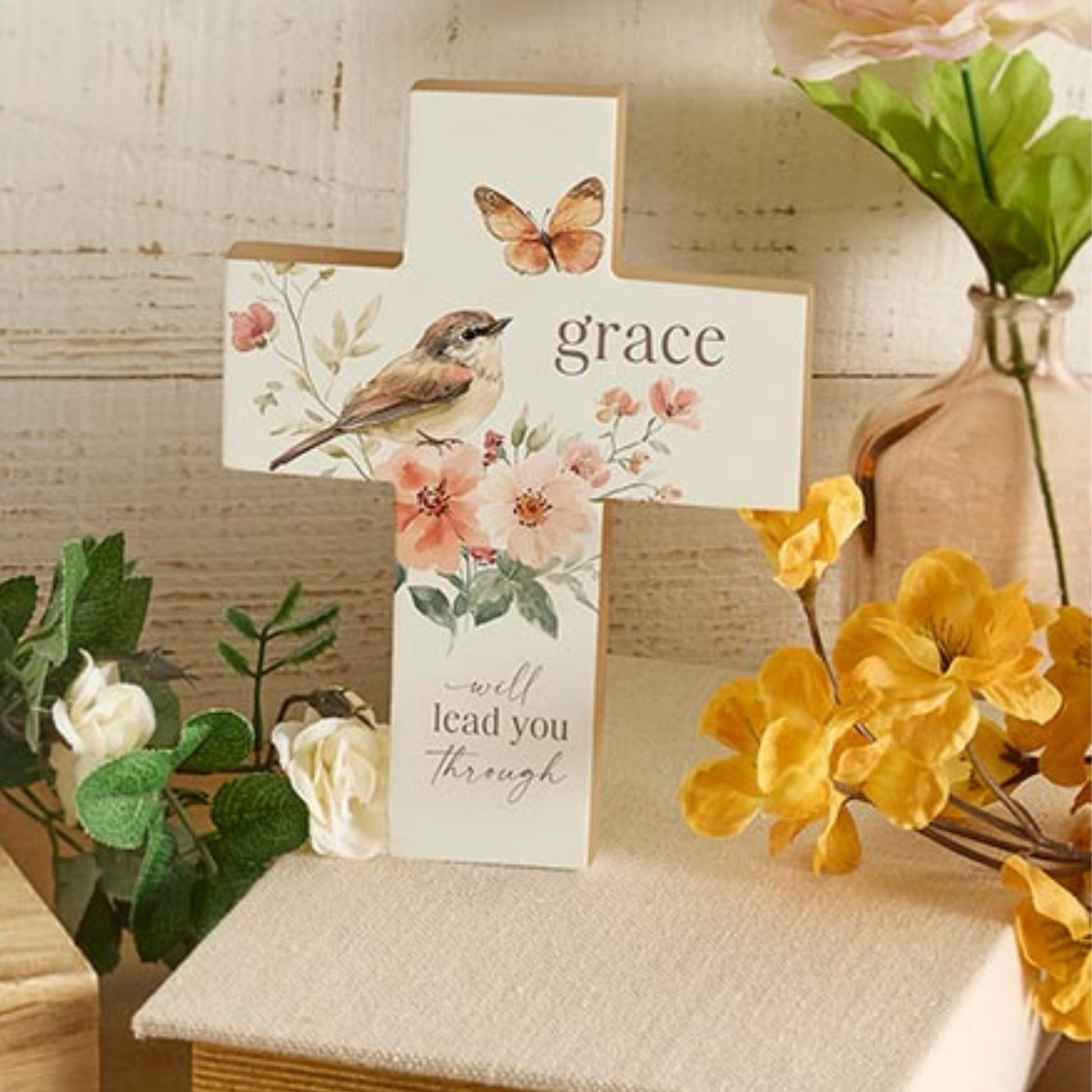 Table Cross Wood Block - Bird, Flowers, Butterfly Art - grace will lead you through shown on desk with flowers | Spring Easter Decorations | oak7west.com