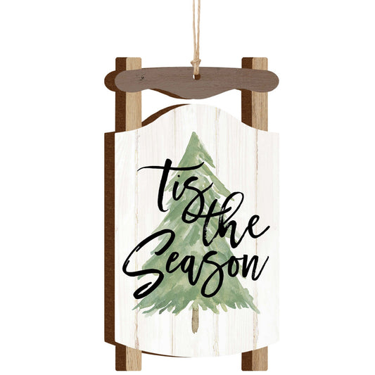 Decorative sign ornament with 'tis the season' text and Christmas tree design on a white background | oak7west.com
