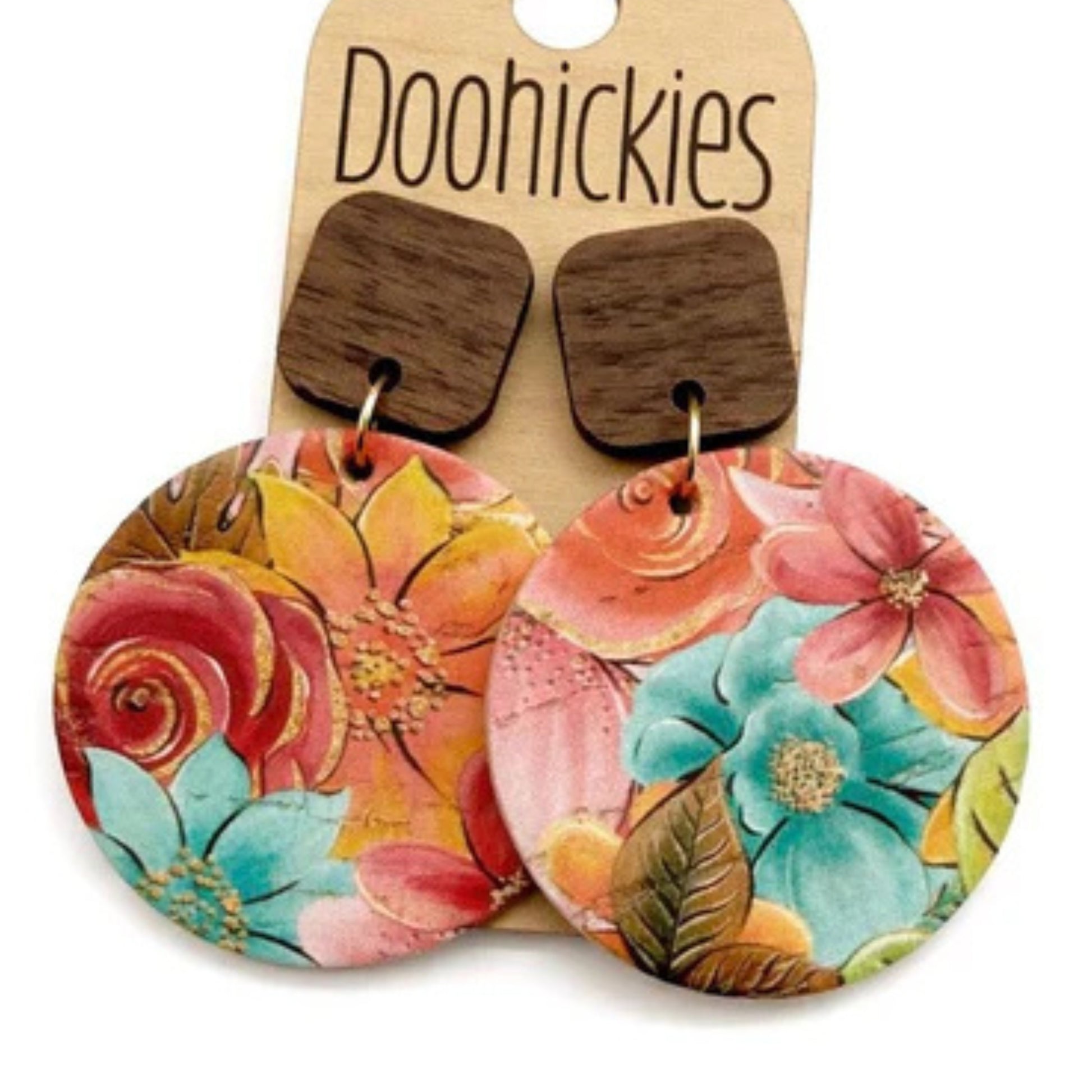 Vibrant Floral Design on Cork with Walnut Wood Studs 2 Lightweight Dangle Earrings | oak7west.com