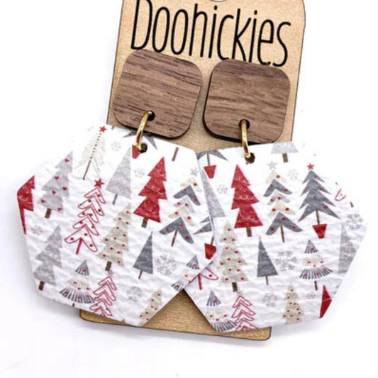 Whimsical Winter Trees - Christmas Earrings - Leather & Walnut Wood - Made in the USA | oak7west.com