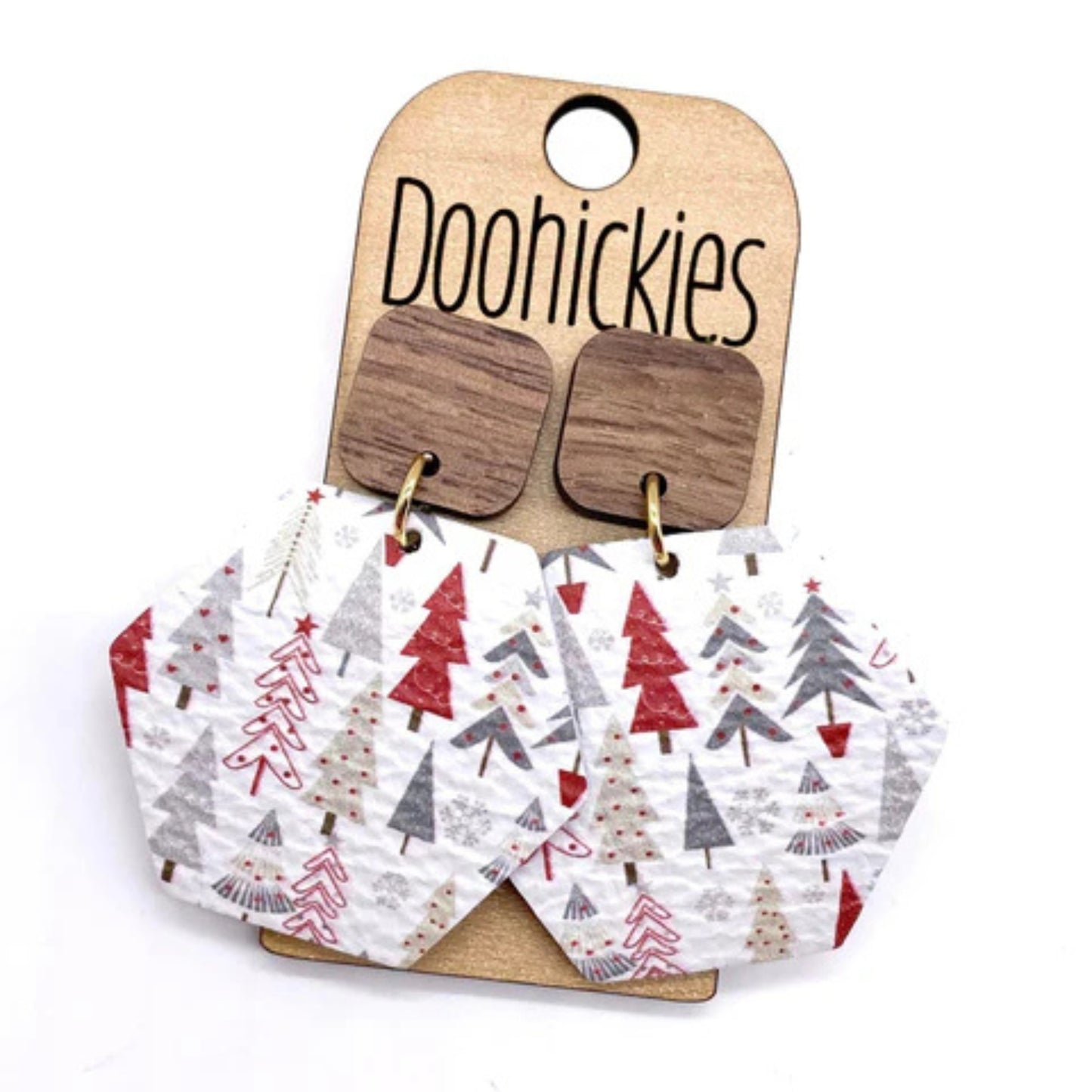 Whimsical Winter Trees - Christmas Earrings - Leather & Walnut Wood - Made in the USA | oak7west.com