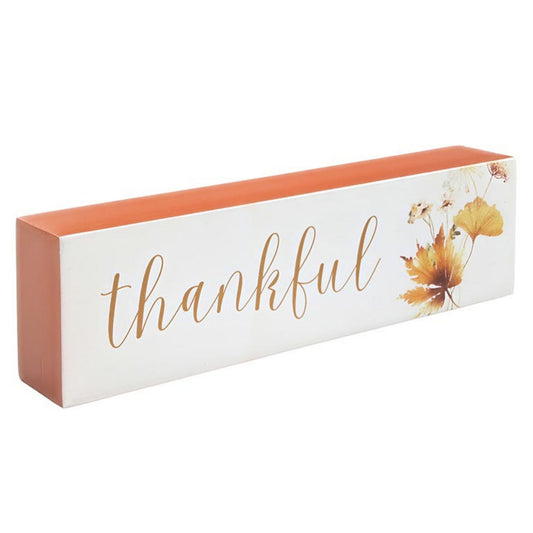 Decorative block with 'thankful' text and floral design on a white background | oak7west.com