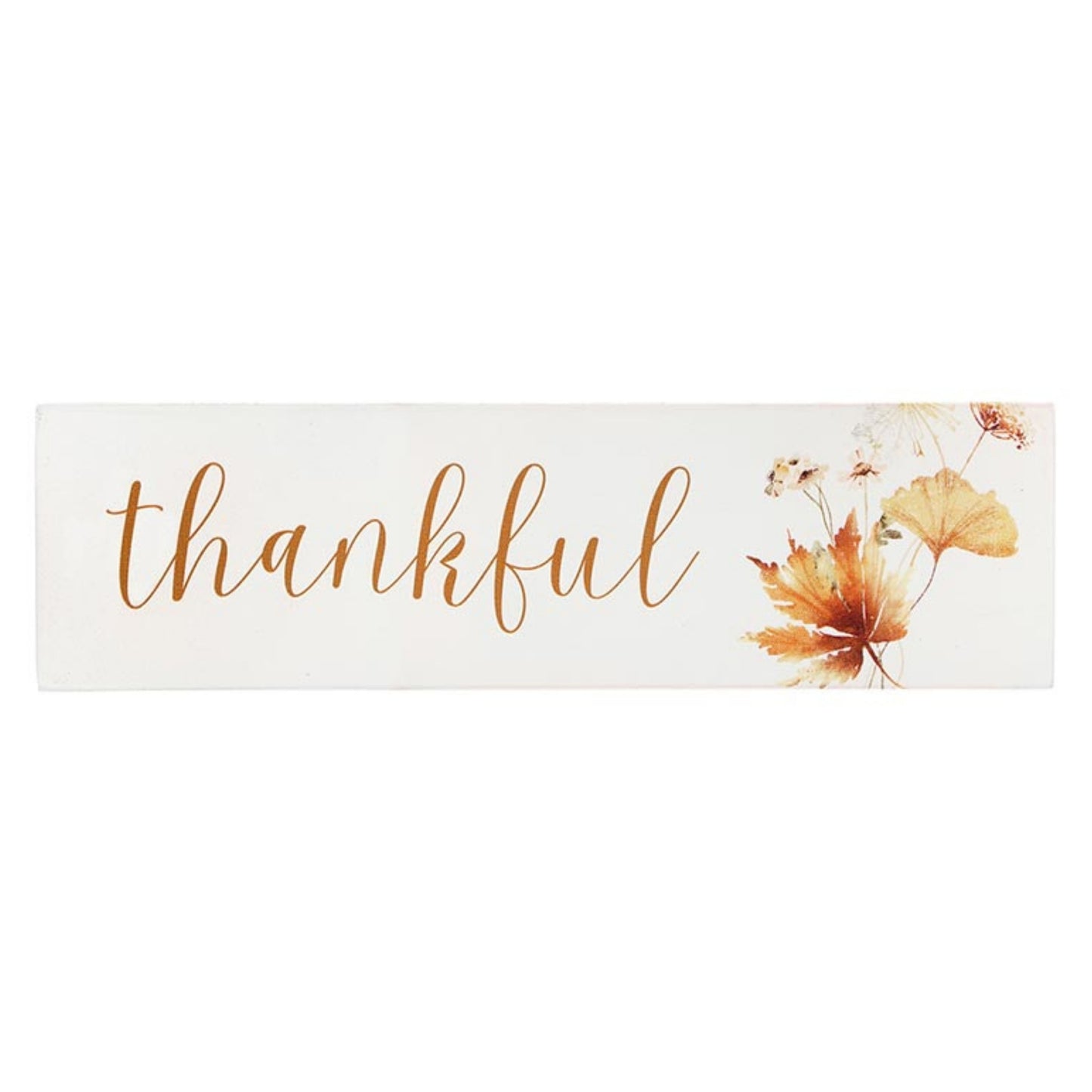 Decorative wood block with 'thankful' text and autumn leaves on a white background | oak7west.com
