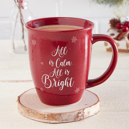 All is Calm All is Bright - Red Christmas Mug - Christian Drinkware | Shown with coffee on wood coaster | oak7west.com