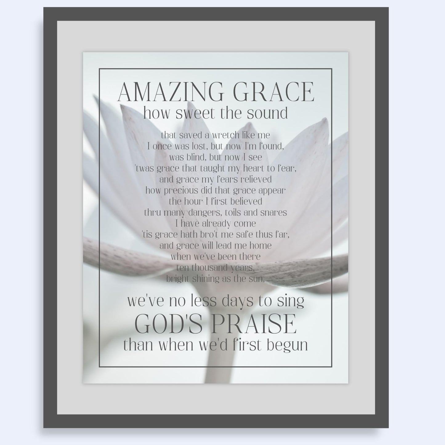 Inspirational Song Lyric Wall Art - AMAZING GRACE how sweet the sound... Christian Wall Poster (16x20) | shown in dark wood picture frame | oak7west.com