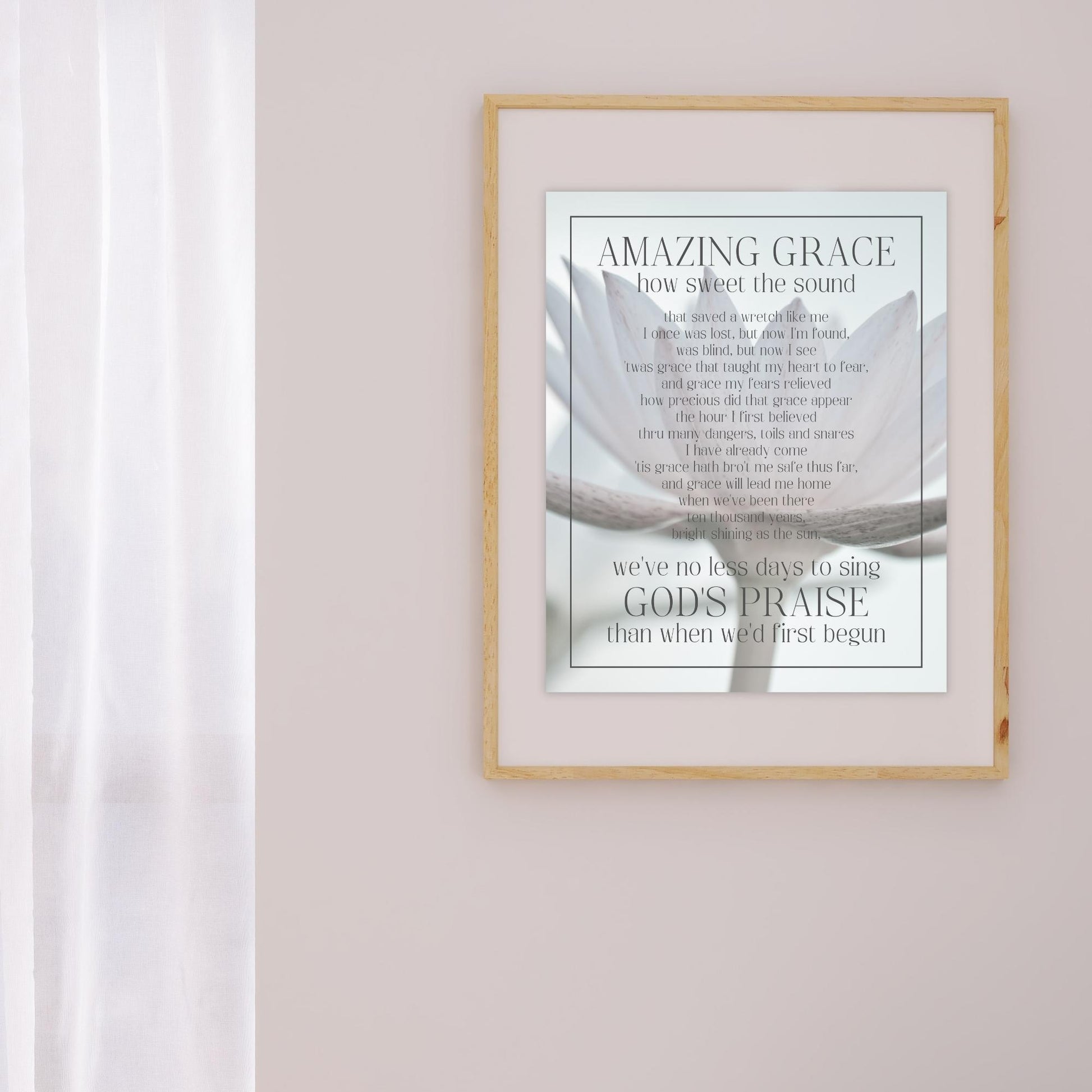 Inspirational Song Lyric Wall Art - AMAZING GRACE how sweet the sound... Christian Wall Poster (16x20) | Shown in natural wood picture frame on pink wall | oak7west.com