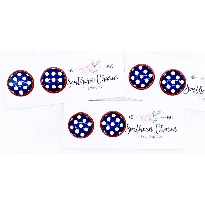 Patriotic Rockabilly White Polka Dot Button Earrings | oak7west.com