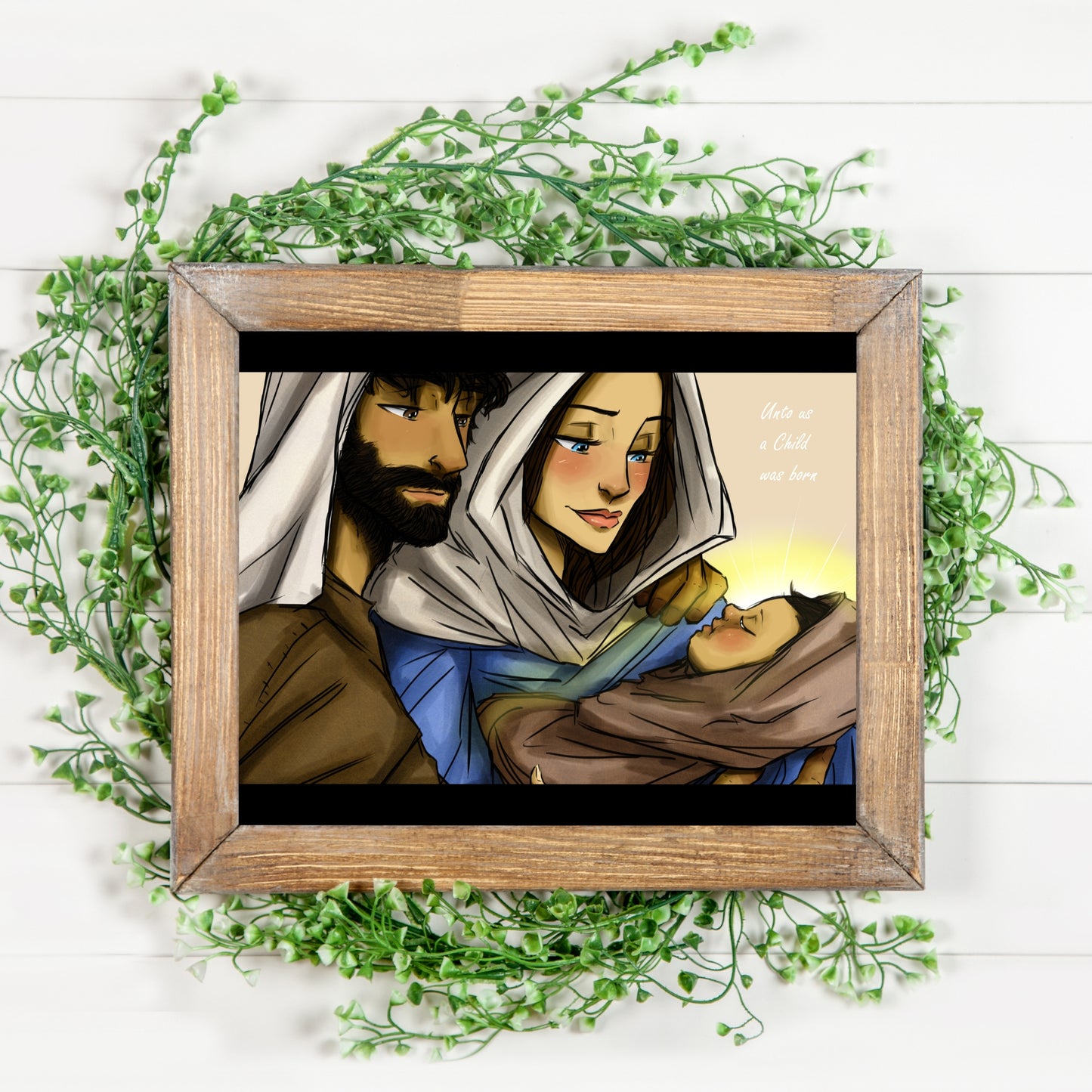 Baby Jesus, Mary, & Joseph Original Art | Inspirational Art Print shown in Rustic Wood Frame | Reads... Unto us a Child was born | art by California artist Megan B | oak7west.com