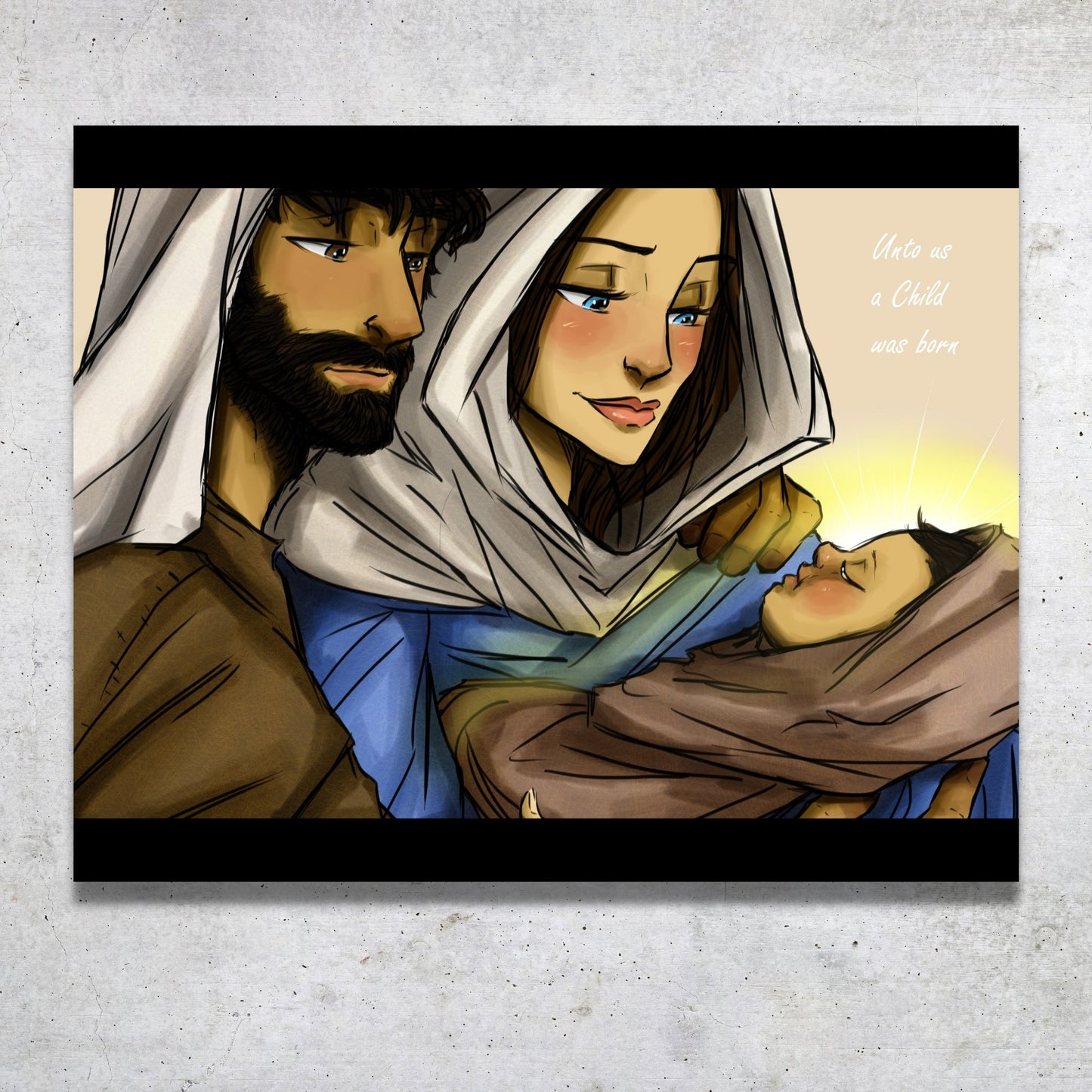 Baby Jesus, Mary, & Joseph Original Art | Inspirational Art Print | Reads... Unto us a Child was born | art by California artist Megan B | oak7west.com