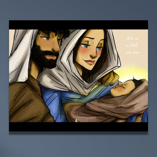 Baby Jesus, Mary, & Joseph Original Art | Inspirational Art Print | Reads... Unto us a Child was born | art by California artist Megan B | oak7west.com