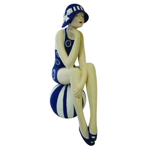 BATHING BEAUTY FIGURINE... Nautical Blue & White Floral Bathing Suit - Collectible Bather on Beach Ball | oak7west
