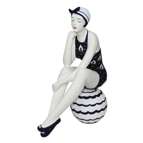 BATHING BEAUTY FIGURINE... Blue, White, & Red Collectible Bather on Beach Ball - Sail Boat Design | oak7west